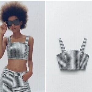 Zara Denim Bustier Railroad Stripe Blue White Stretch Crop Top Sz M Coquette NWT
